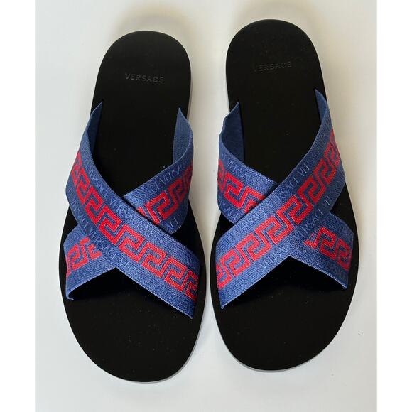 NIB Versace Greca Crisscross Blue/Red Slides Sandals 8.5 US (41.5 Euro) 1006273 - Picture 7 of 12